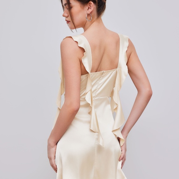 Satin Ruched Ruffle Hem Cream Mini Dress - Picture 3 of 9